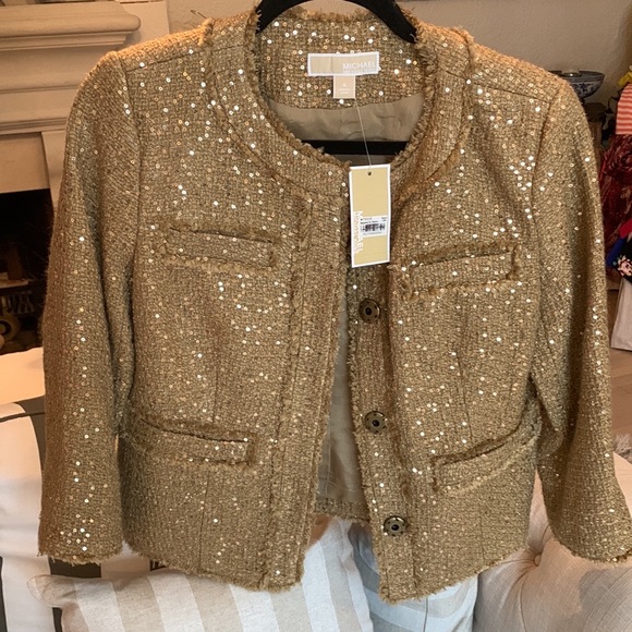 NWT Michael Kors Sequin Gold Tan Camel Fringe Trim Chic Jacket Size 4 MSRP $198 - Picture 2 of 12